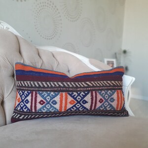 Lumbar Kilim pillow cover 12x24 Wool Beige Blue, Home decor pillow, ethnic pillow, Southwestern boho rug pillow, Authentic navajo pillow