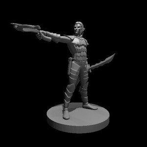 May include: A gray plastic miniature figurine of a fantasy character holding a weapon and a dagger. The character is wearing armor and has pointed ears.