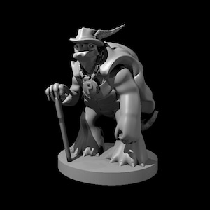 May include: A gray, detailed miniature figurine of a turtle wearing a hat and holding a cane. The turtle has a large shell and a friendly expression. The figurine is standing on a round base.