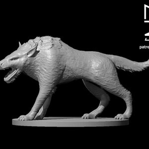 May include: A detailed, gray, 3D printed miniature of a snarling wolf-like creature with sharp teeth and a long tail. The miniature is posed in a dynamic stance, ready to attack.