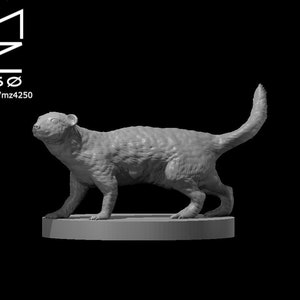 May include: A gray, 3D printed figurine of a small, furry animal with a long tail. The animal is standing on a round base.