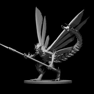 May include: A gray, detailed miniature figurine of a creature with wings, a long tail, and a spear. The creature has a sharp, pointed head and a menacing expression.