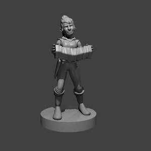 May include: A gray 3D printed miniature figurine of a fantasy character playing an accordion. The character is wearing a tunic and pants, and has pointed ears and a cheerful expression.