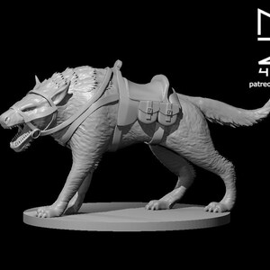 May include: A gray, snarling wolf with a saddle and pouches, ready for adventure. The wolf is posed in a running stance, with its mouth open and teeth bared. The saddle is made of leather and has two pouches on the side. The wolf is standing on a round base.
