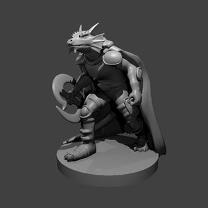 May include: A gray, detailed miniature figurine of a dragon-like creature wearing armor and a cape, holding a curved weapon. The figurine is standing on a round base.