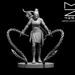May include: A gray miniature figurine of a female warrior with a chain weapon, wearing a helmet and armor, holding a bow and arrow.
