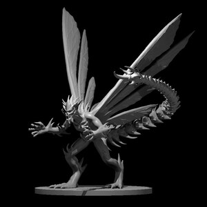 May include: A gray, detailed, 3D printed miniature of a creature with wings and a segmented tail. The creature has a humanoid body with sharp claws and a menacing expression.