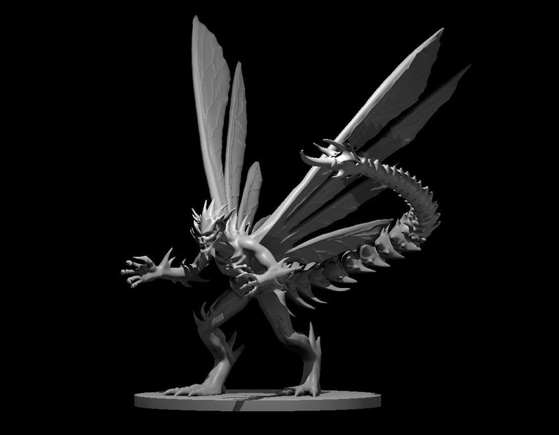 May include: A gray, detailed, 3D printed miniature of a creature with wings and a segmented tail. The creature has a humanoid body with sharp claws and a menacing expression.