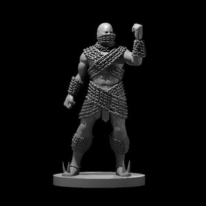 May include: A gray miniature figurine of a person wearing a chainmail suit. The figure is standing on a round base.
