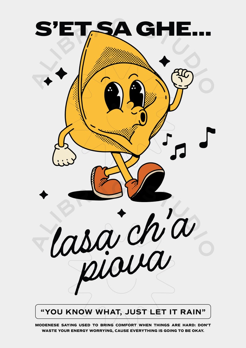 Dialetto italiano, Modena, Tortellino, arte da parete dal design retrò, decorazione da parete, divertente poster illustrativo, grande arte stampabile, arte da parete stampabile immagine 3