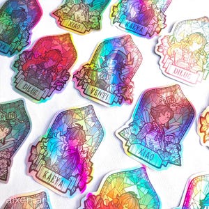 Autocollants holographiques style vitrail Genshin Impact (Xiao, Venti, Kaeya, Diluc) Autocollants de jeux vidéo