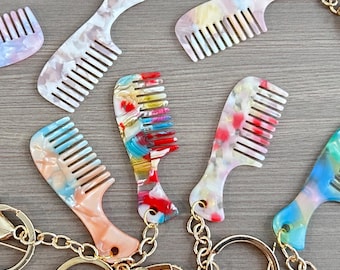 Llavero de peine de acetato con anilla redonda y cierre de mosquetón / Mini peine para el pelo / Accesorio para bolso