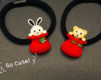 Adorable metal Christmas Hair Ties, Ponytail Holder, Women kids Hair Accessories, bunny hair tie, Bear hair tie, gift for her, Easter bunny