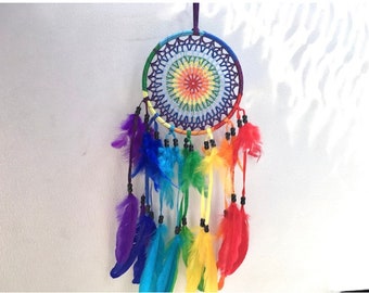 Regenbogen Traumfänger Fänger, Feder Handgemachter Traumfänger für Mädchen Kinder, Schlafzimmer Wandbehang Dekoration Segen Weihnachtsdekor