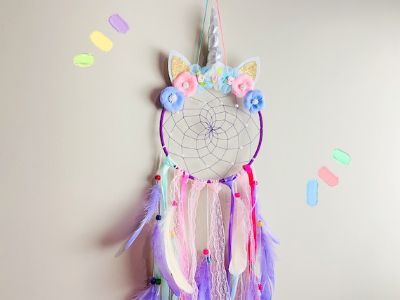 Unicorn Dream Catcher Catchers, Feather Handmade Flowers for Girls Kids, Nursery Bedroom Wall Hanging Decoration Blessing Gift Party Favor