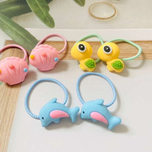 Set of 2 pcs Adorable glitter dolphin hair ties, Turtle shells shaped kids elastic band, toddler hair elastics, girls hair accessories