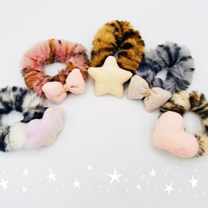 4-5pcs Super Adorable fur hair ties, Flower shaped, ears shaped, stars and clouds staffed toy elastic band, kids toddler hair elastics