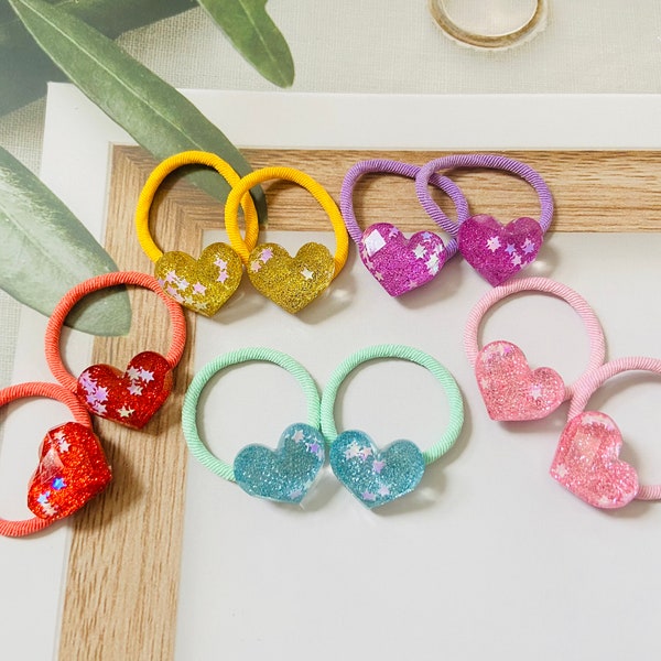 Set of 2 pcs Adorable glitter hard candy heart hair ties, cute heart stars kids elastic band, toddler hair elastics, girls hair accessories