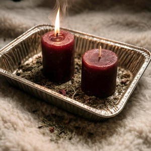 Pode incluir: Duas velas de pilar bordô em uma bandeja retangular de alumínio cheia de ervas secas e pétalas. Uma vela está acesa, com uma chama e fumaça subindo. A bandeja está sobre uma superfície macia, branca e texturizada.
