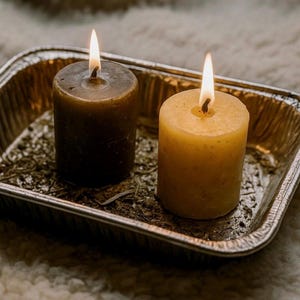 May include: Two lit pillar candles, one dark brown and one yellow, sit in a rectangular aluminum tray filled with dried herbs. The candles have a rustic, textured appearance, with flames burning brightly at the top. The tray is placed on a soft, white surface.