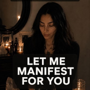 May include: A dark-toned scene featuring a clear glass crystal ball, several glass jars containing lit candles, and a rough-cut clear crystal. The text overlay reads 6,000+ FIVE STAR REVIEWS and LET ME MANIFEST FOR YOU in bold white capital letters.