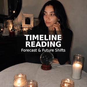 May include: A clear crystal ball on a wooden base sits on a table with four lit candles in glass jars. Text overlay reads: 6,000+ FIVE STAR REVIEWS, TIMELINE READING, Forecast & Future Shifts. A person with dark hair wearing a black top is visible.