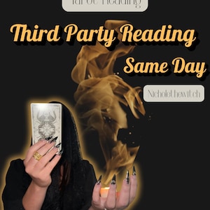May include: Image featuring the text "Tarot Reading" and "Third Party Reading Same Day". A person holds a tarot card and a lit candle. The background is black with a golden flame effect.