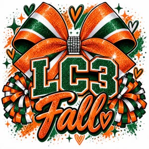 Puede incluir: Un diseño gráfico con un gran lazo brillante naranja y verde en la parte superior, dos pompones en naranja, verde y blanco a los lados, y el texto LC3 Fall en una fuente verde y naranja brillante, rodeado de pequeños corazones y estrellas.