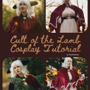 Pu&ograve; includere: Una donna con un vestito bianco e un mantello rosso con una maschera e orecchie da gatto. Tiene un campanello in mano. L'immagine &egrave; intitolata "Cult of the Lamb Cosplay Tutorial" di SkylineStars.