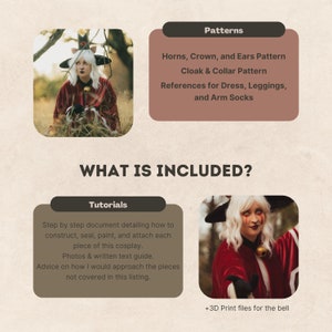 Pu&ograve; includere: Un download digitale per un costume cosplay che include una guida passo passo, modelli e file di stampa 3D per la campana. Il costume include corna, una corona, orecchie, un mantello, un colletto, un vestito, leggings e calze per le braccia.