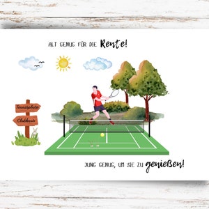 Karte Rente Tennis Tennisspieler DINA6 Ruhestand Rente Rentner Abschied Rente Kollege Postkarte Grußkarte Geschenkkarte