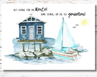 Puede incluir: Ilustración en acuarela de una escena costera con una cabaña de playa azul, un velero y un sol. El texto dice: "¡Suficientemente mayor para la jubilación! ¡Suficientemente joven para disfrutarla!" Dos sillas en el muelle.