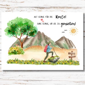 Karte Rente Wandern DINA6 Ruhestand Rente Rentnerin Abschied Rente Kollegin Postkarte Grußkarte Geschenkkarte Spazierengehen