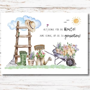 Karte Rente Garten Hobbygärtnerin DINA6 Ruhestand Rente Rentner Abschied Rente Kollege Postkarte Grußkarte Geschenkkarte Garten