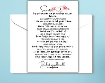 Tarjeta de felicitación para 18 cumpleaños, tamaño A6 | Tarjeta plegada con mensaje | 300 g mate | Incluye sobre | Regalo para el 18.º cumpleaños