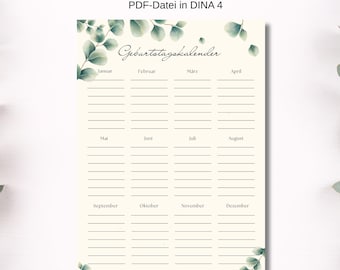 Descarga el calendario de cumpleaños de eucalipto en formato A4, calendario perpetuo imprimible para imprimir tú mismo.
