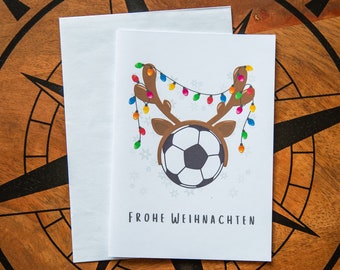 Fußball Weihnachtskarte Klappkarte Fußball mit Geweih Weihnachtsgrüße Frohe Weihnachten Geschenkkarte für Fußballer
