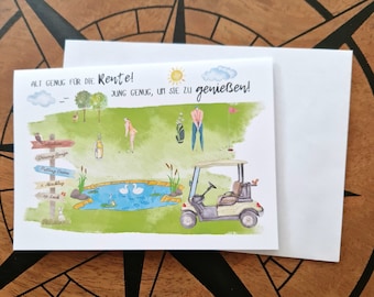 Puede incluir: Tarjeta de felicitación de acuarela con una escena de campo de golf con un carrito de golf, un estanque y golfistas. La tarjeta incluye el texto "¡Suficientemente mayor para la jubilación! ¡Suficientemente joven para disfrutarla!" y viene con un sobre blanco.