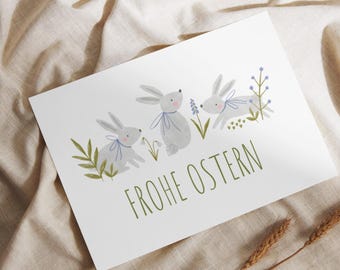 Descarga el archivo imprimible de la tarjeta de Pascua: ¡Felices Pascuas con lindos conejitos de Pascua! (Tarjeta plegable DIY tamaño A6)