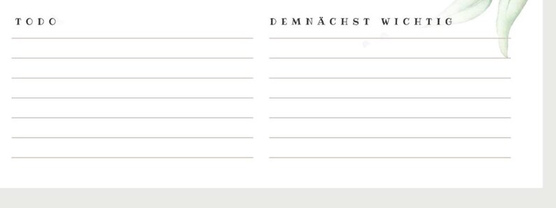 Puede incluir: Un bloc de notas blanco con p&aacute;ginas rayadas, con los t&iacute;tulos "TODO" y "DEMN&Auml;CHST WICHTIG" en texto negro. Un dise&ntilde;o de hoja de acuarela se encuentra en la esquina superior derecha. El bloc de notas est&aacute; dise&ntilde;ado para hacer listas y organizar.