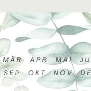 Puede incluir: Calendario de estilo acuarela con hojas de eucalipto en tonos verdes y grises. Los meses del a&ntilde;o est&aacute;n impresos en una fuente sans-serif: JAN, FEB, M&Auml;R, APR, MAI, JUN, JUL, AUG, SEP, OKT, NOV, DEZ.