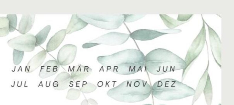 Puede incluir: Calendario de estilo acuarela con hojas de eucalipto en tonos verdes y grises. Los meses del a&ntilde;o est&aacute;n impresos en una fuente sans-serif: JAN, FEB, M&Auml;R, APR, MAI, JUN, JUL, AUG, SEP, OKT, NOV, DEZ.