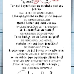 Puede incluir: Una tarjeta blanca con escritura negra, con la palabra "Sweet" encima del n&uacute;mero "18" con alas de &aacute;ngel. La tarjeta est&aacute; llena de texto inspirador en alem&aacute;n, perfecta para una celebraci&oacute;n de cumplea&ntilde;os.