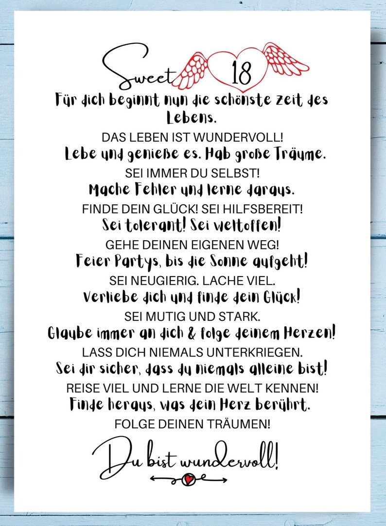 Puede incluir: Una tarjeta blanca con escritura negra, con la palabra "Sweet" encima del n&uacute;mero "18" con alas de &aacute;ngel. La tarjeta est&aacute; llena de texto inspirador en alem&aacute;n, perfecta para una celebraci&oacute;n de cumplea&ntilde;os.