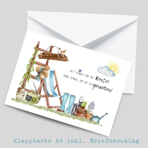 Karte Klappkarte Rente Garten Hobbygärtnerin DINA6 Ruhestand Rente Rentner Abschied Rente Kollege Grußkarte Geschenkkarte Garten