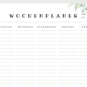 Puede incluir: Un planificador semanal con un dise&ntilde;o minimalista. La parte superior de la p&aacute;gina presenta el texto "WOCHENPLANER" y una lista de meses. Los d&iacute;as de la semana est&aacute;n listados en la parte superior. Hojas de eucalipto decorativas enmarcan los bordes.