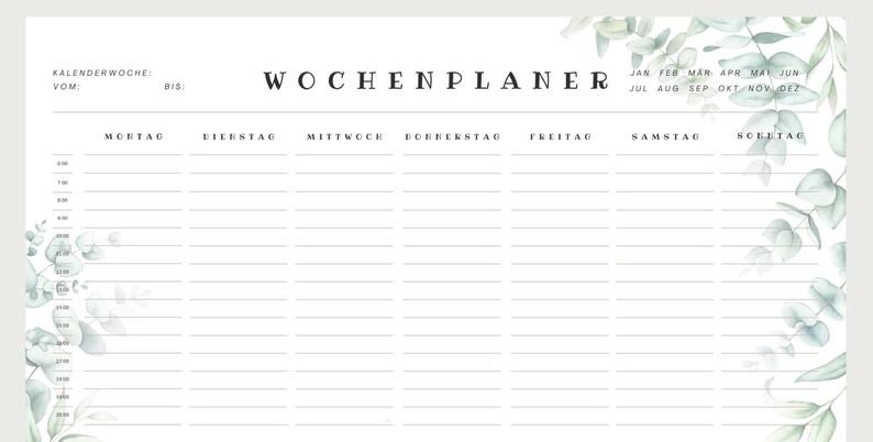 Puede incluir: Un planificador semanal con un dise&ntilde;o minimalista. La parte superior de la p&aacute;gina presenta el texto "WOCHENPLANER" y una lista de meses. Los d&iacute;as de la semana est&aacute;n listados en la parte superior. Hojas de eucalipto decorativas enmarcan los bordes.