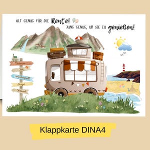 Rente Klappkarte DINA4 XXL Wohnmobil Reisen Ruhestand Rentner Abschied Rente Kollege Postkarte Grußkarte Geschenkkarte