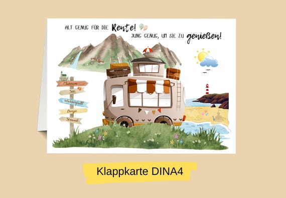 Rente Klappkarte DINA4 XXL Wohnmobil Reisen Ruhestand Rentner Abschied Rente Kollege Postkarte Grußkarte Geschenkkarte