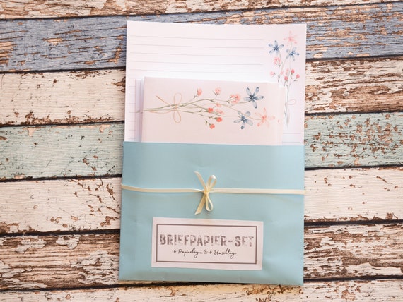 Briefpapier Set Blumen Blau Aquarell handgefertigt A5 Schreibbögen Briefumschläge